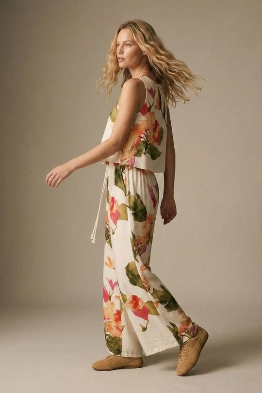 Cream Floral Print wide leg Pants with Elastic Waist - Pants
