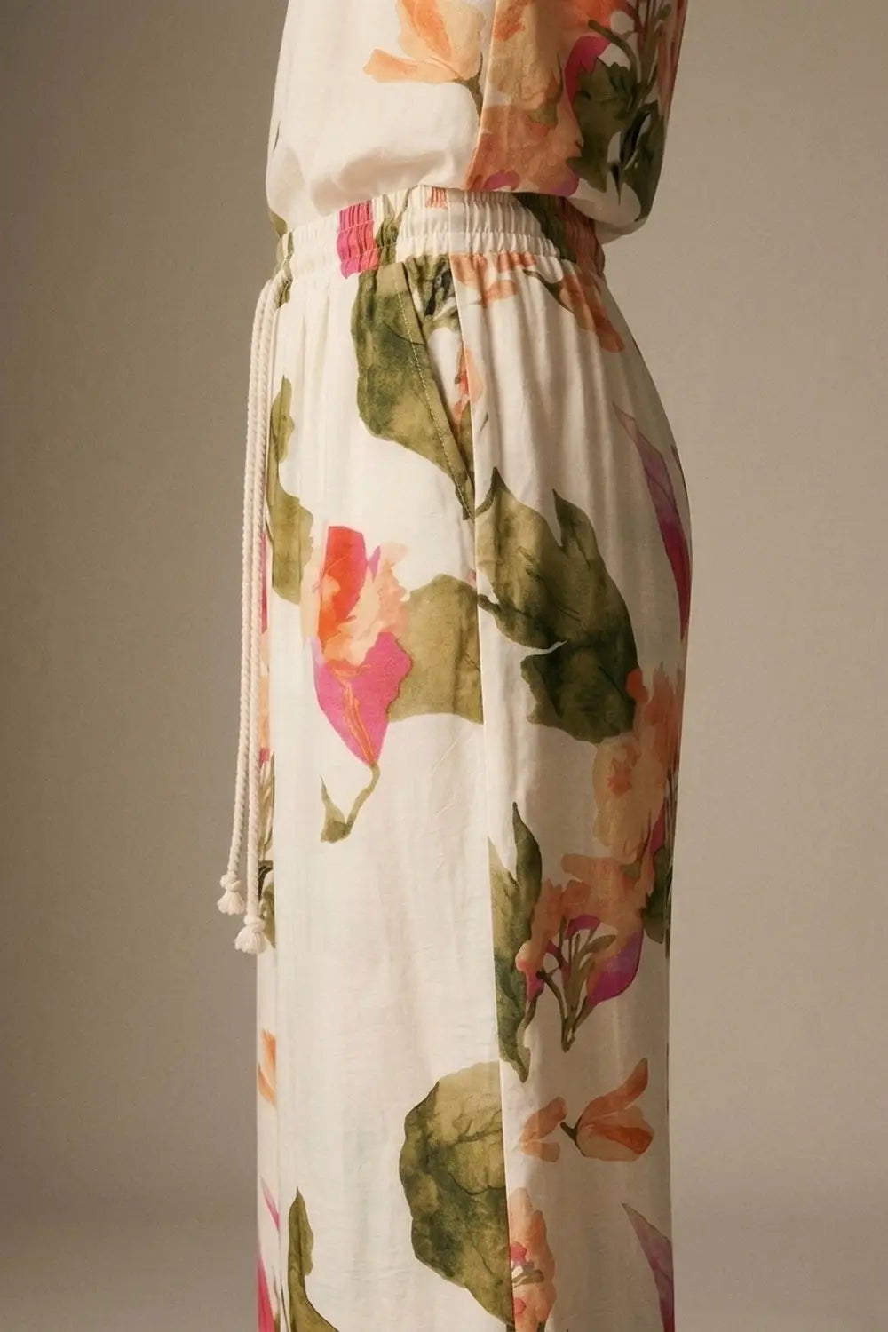 Cream Floral Print wide leg Pants with Elastic Waist - Pants