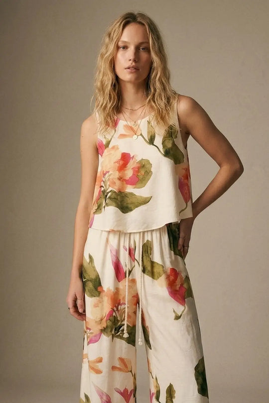 Cream Floral Print Sleeveless Top - Tops