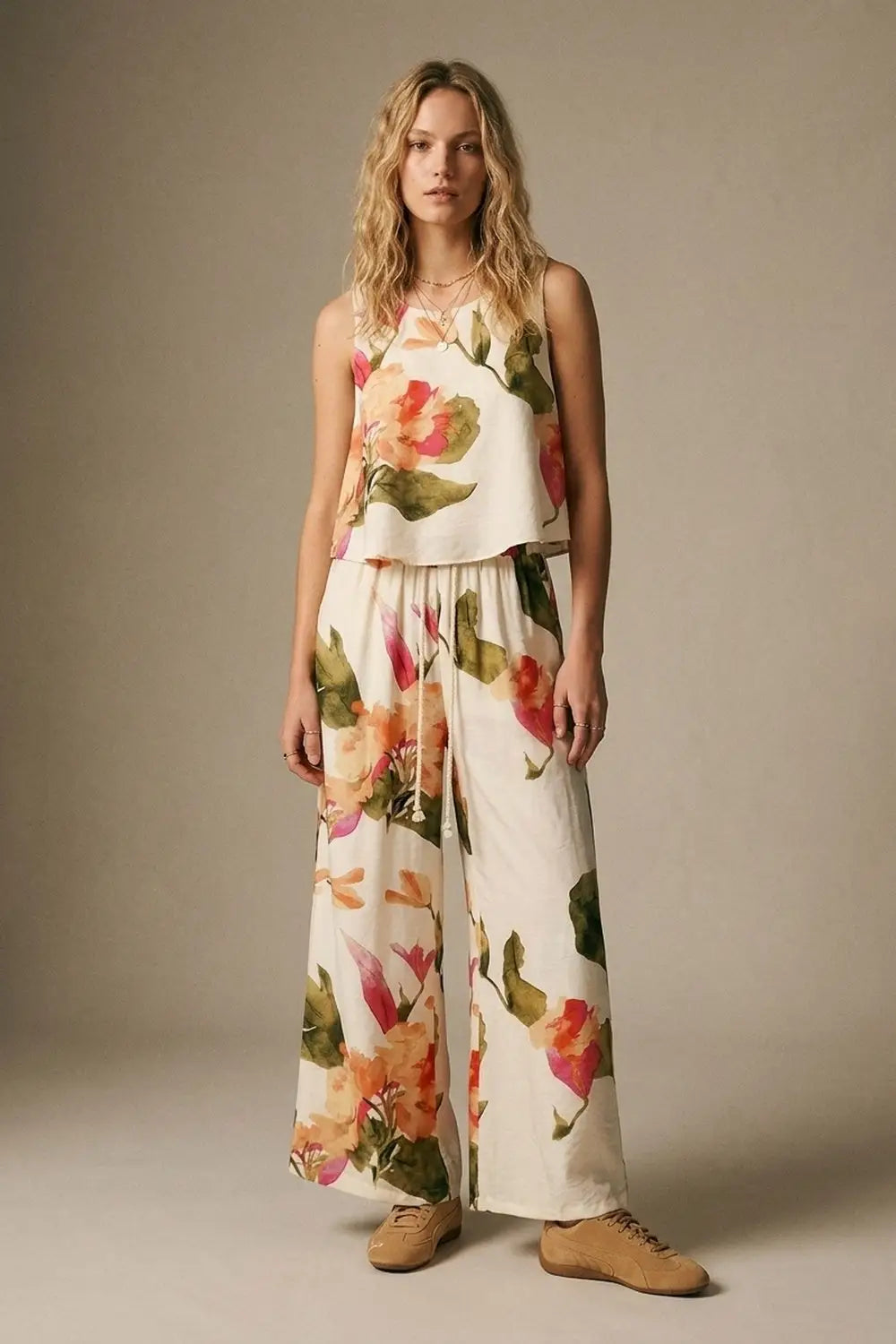 Cream Floral Print Sleeveless Top - Tops