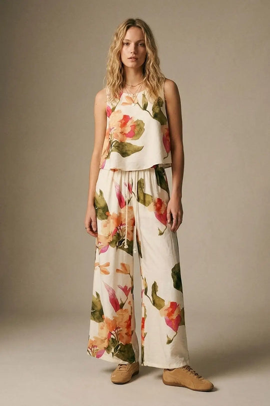 Cream Floral Print Sleeveless Top - Tops