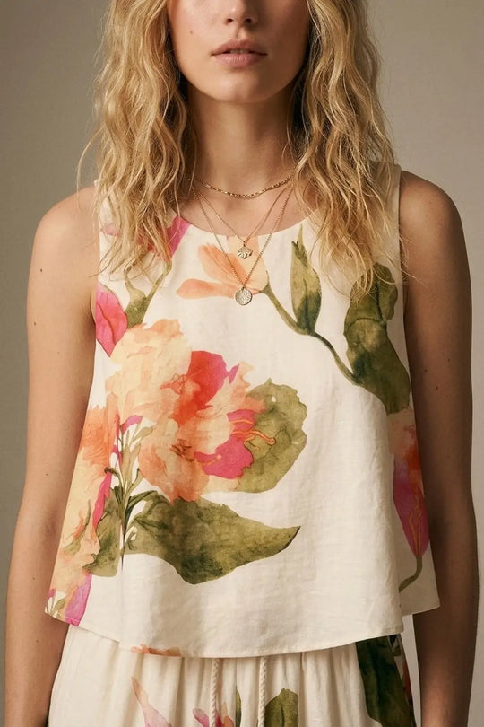 Cream Floral Print Sleeveless Top - Tops