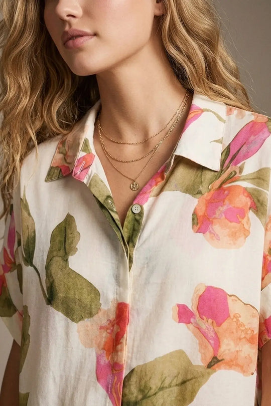 Cream Floral Print Lightweight Woven shirt with Short Sleeve - PINK / ONE - Shirts