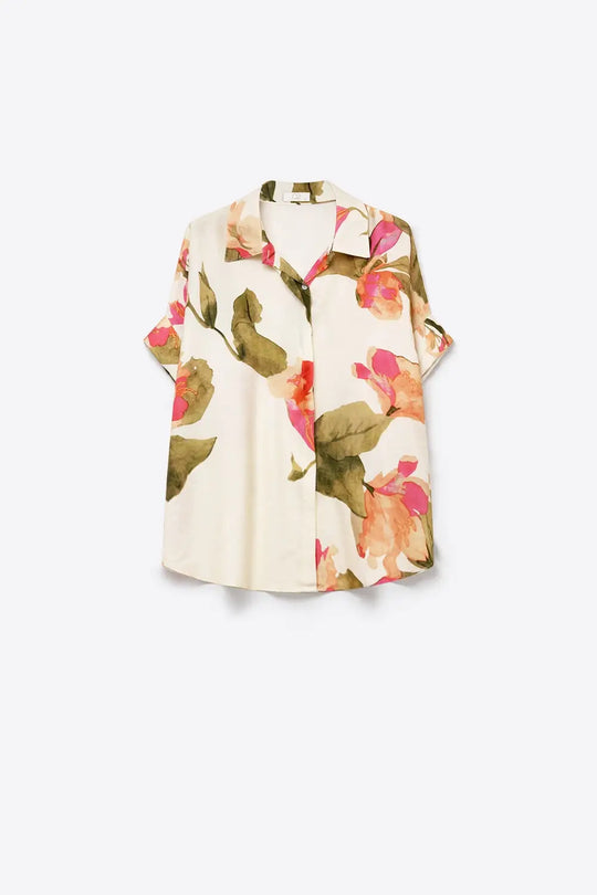 Cream Floral Print Lightweight Woven shirt with Short Sleeve - PINK / ONE - Shirts