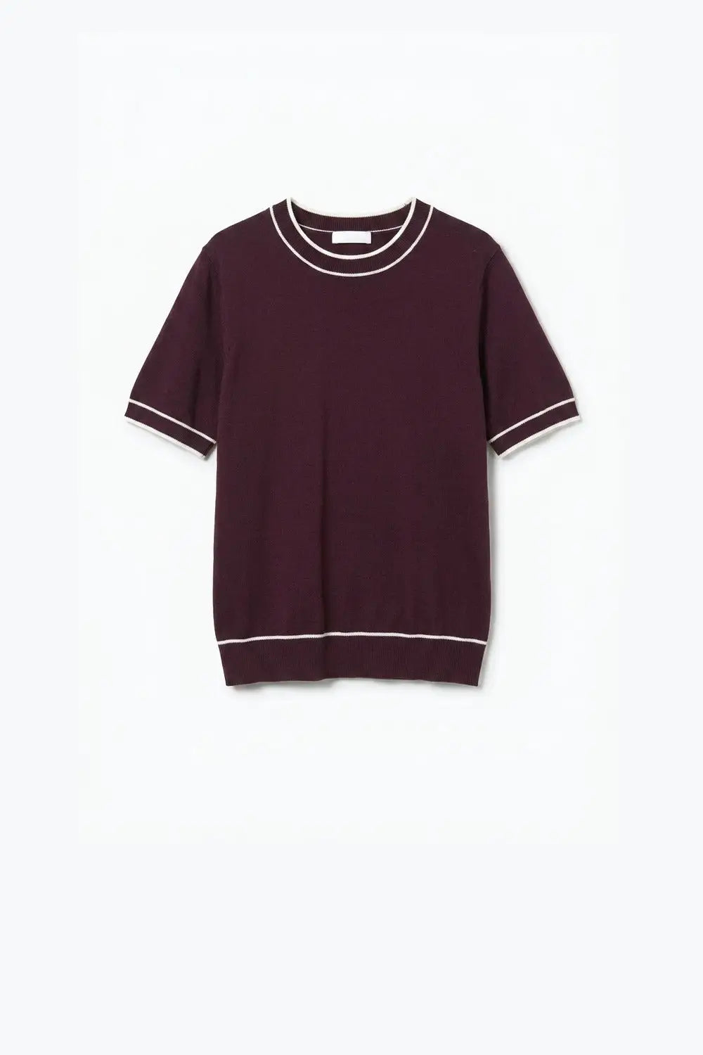 Burgundy Fine Knit Contrast Trim Crew Neck Short Sleeve sweater