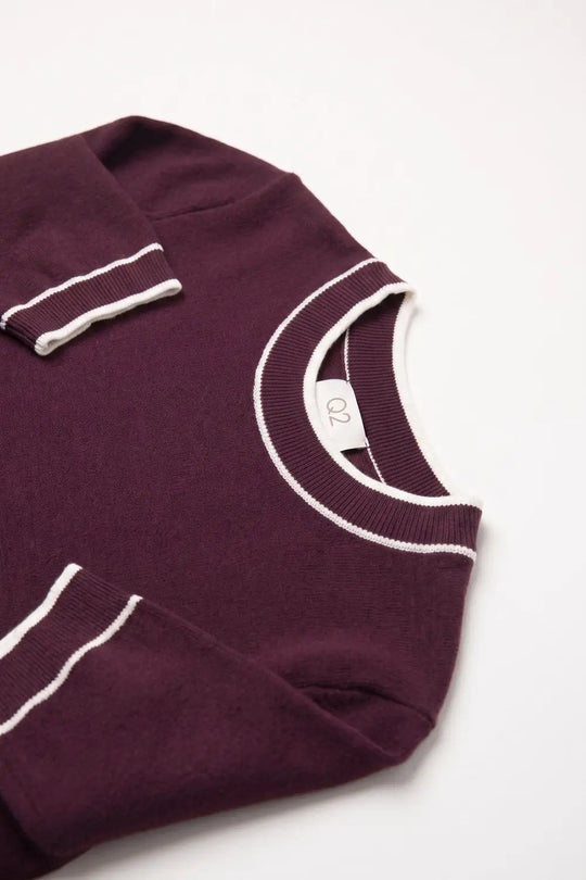 Burgundy Fine Knit Contrast Trim Crew Neck Short Sleeve sweater
