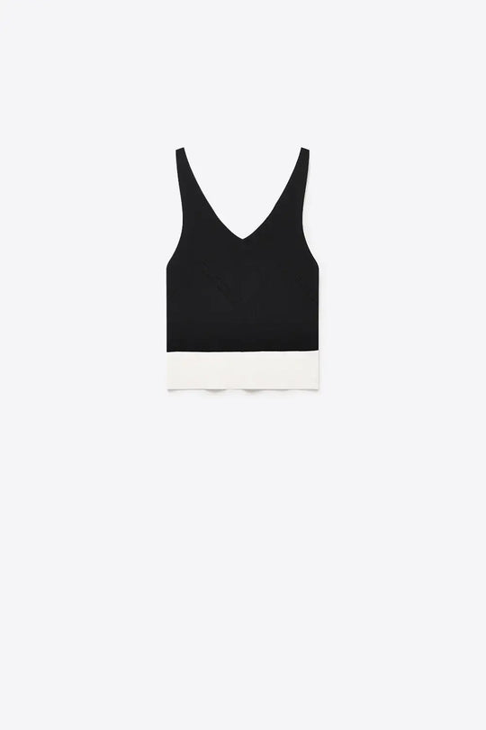 Black Ribbed Knit Contrast Hem V-Neck Cropped Tank Top - BLACK / ONE - Tops