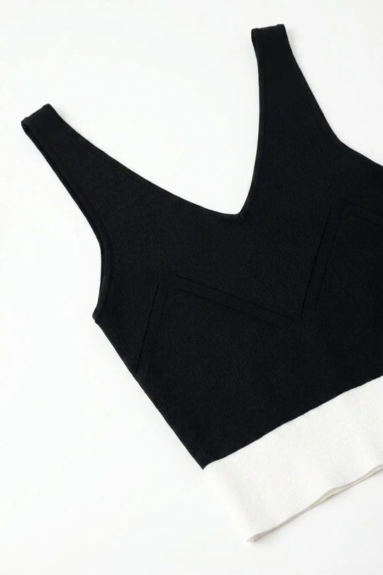 Black Ribbed Knit Contrast Hem V-Neck Cropped Tank Top - BLACK / ONE - Tops
