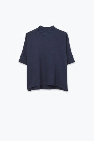 Navy chunky Ribbed knit High Collar Sweater with elbow-length sleeve