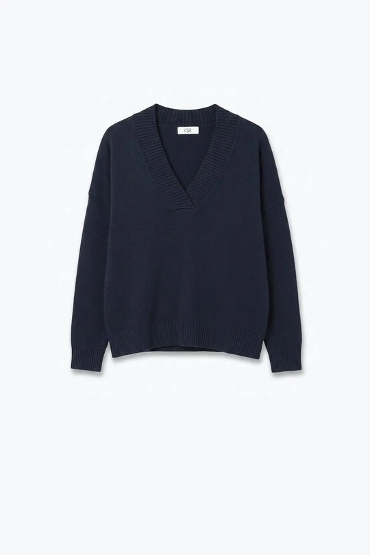 navy warm Knit wide V-Neck sweater - NAVY / ONE - Sweaters