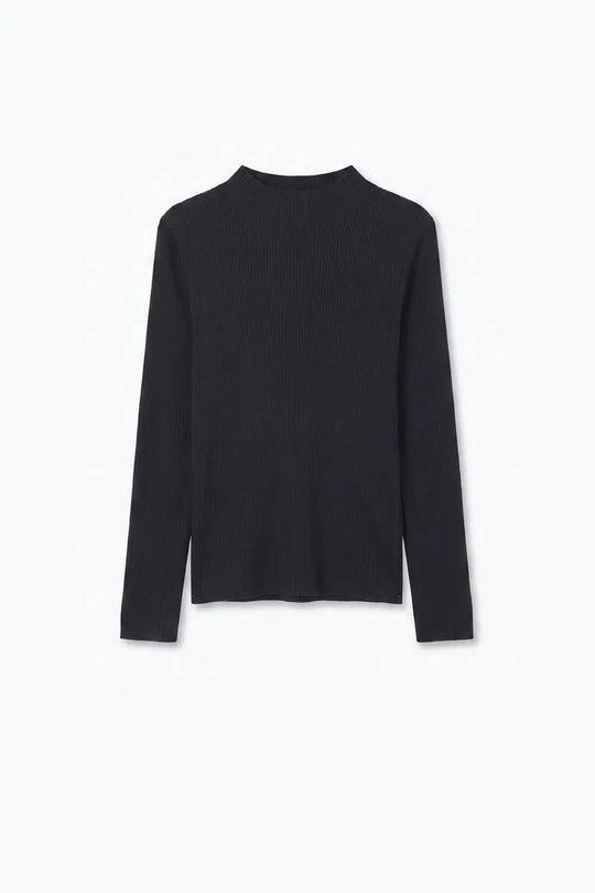 Fine Ribbed Merino Wool Sweater in navy with Mock neck