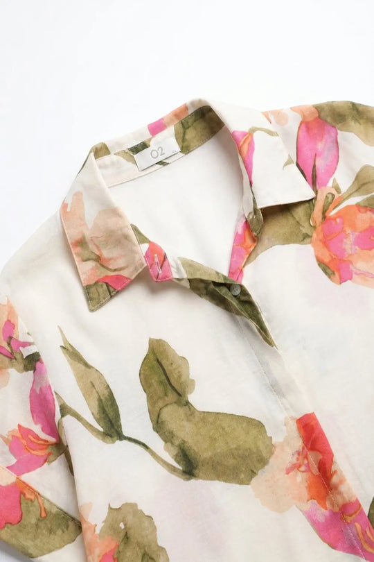 Cream Floral Print Lightweight Woven shirt with Short Sleeve - PINK / ONE - Shirts