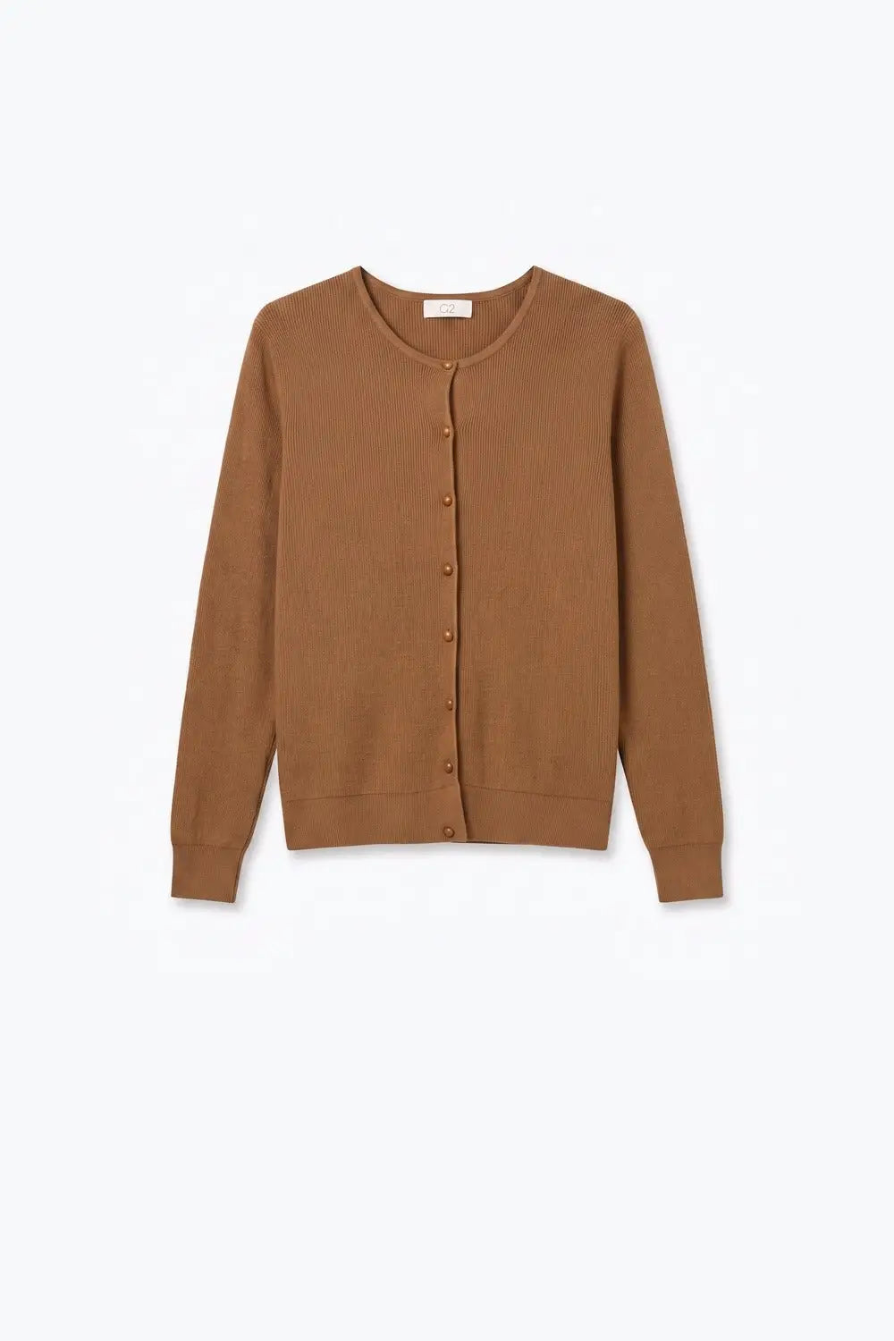 Camel Ribbed Knit Button Front Crew Neck Cardigan - CAMEL / ONE - Cardigans