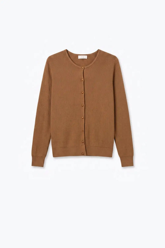 Camel Ribbed Knit Button Front Crew Neck Cardigan - CAMEL / ONE - Cardigans