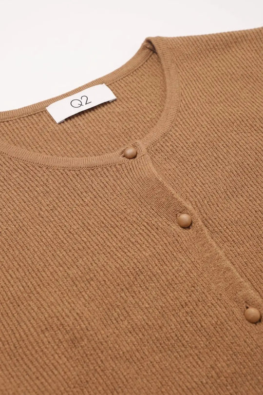 Camel Ribbed Knit Button Front Crew Neck Cardigan - CAMEL / ONE - Cardigans