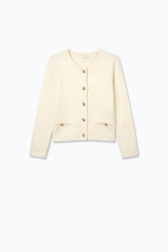 Cream Fine Knit Gold Button Crew Neck Cardigan Sweater - CREAM / ONE - Cardigans