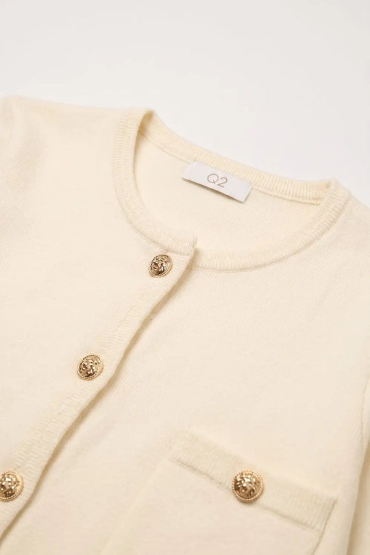 Cream Fine Knit Gold Button Crew Neck Cardigan Sweater - CREAM / ONE - Cardigans