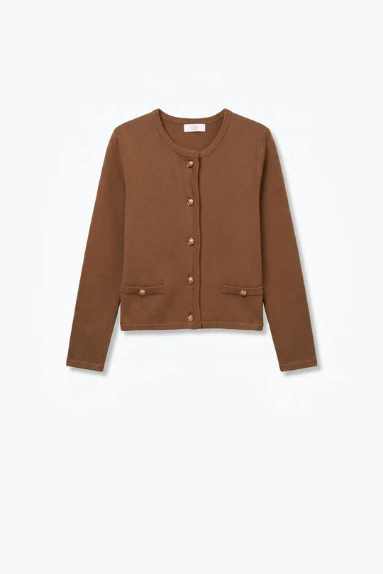 Brown Fine Knit Gold Button Cropped Cardigan Sweater - CAMEL / ONE - Cardigans