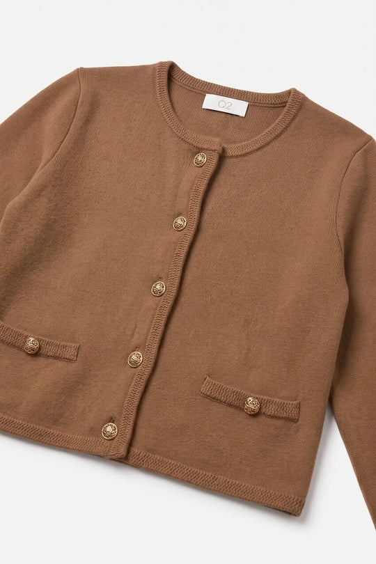 Brown Fine Knit Gold Button Cropped Cardigan Sweater - CAMEL / ONE - Cardigans