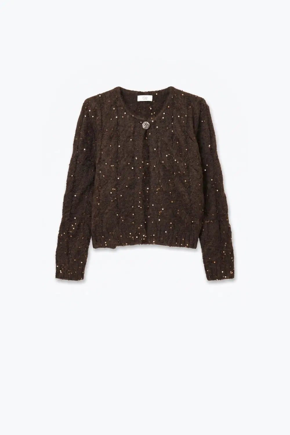 Brown Sequin Faux Mohair Cable Knit Button Cardigan