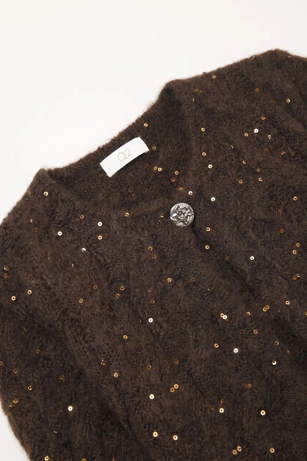 Brown Sequin Faux Mohair Cable Knit Button Cardigan