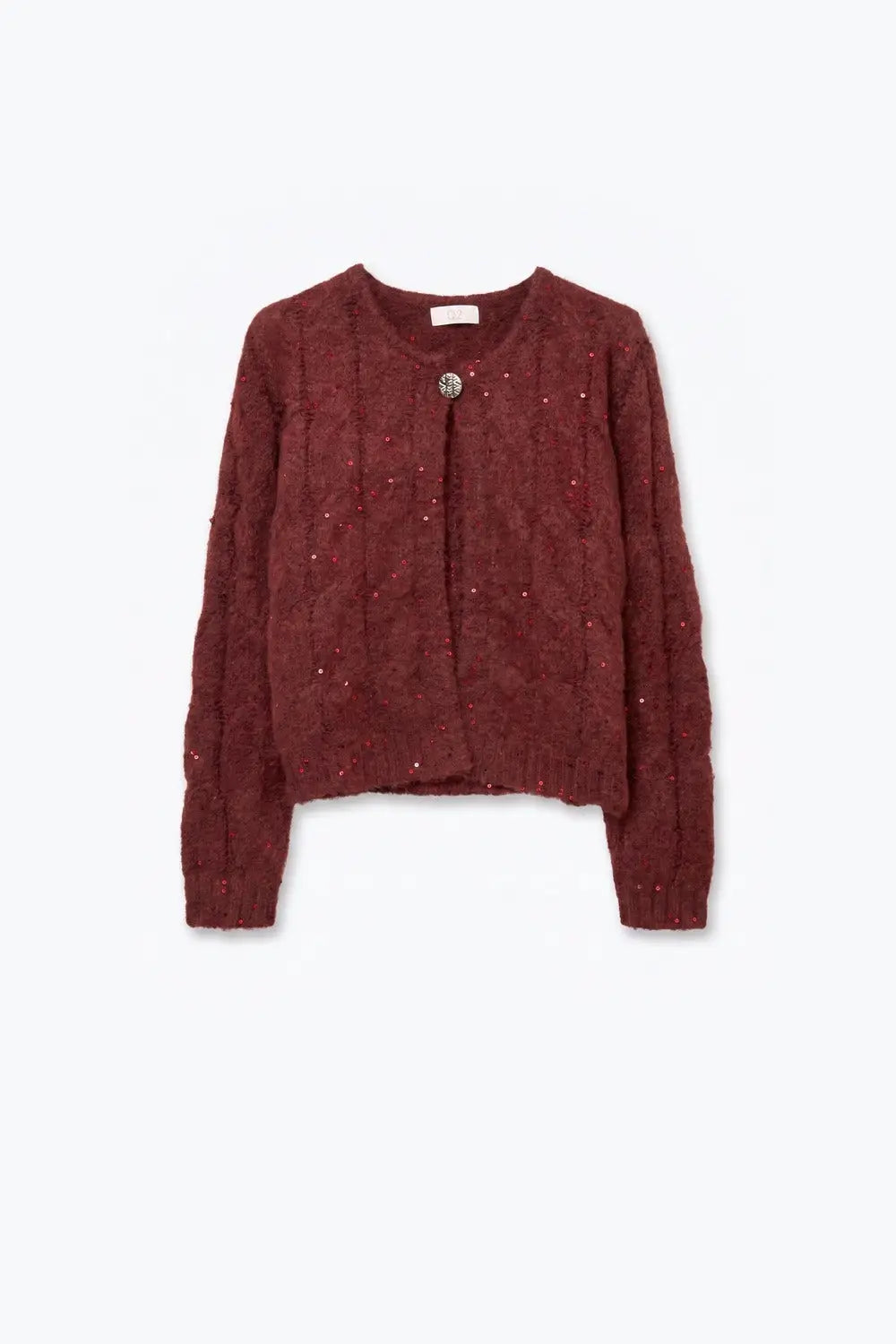 Burgundy Cable Knit Sequin Button Front Cropped Cardigan