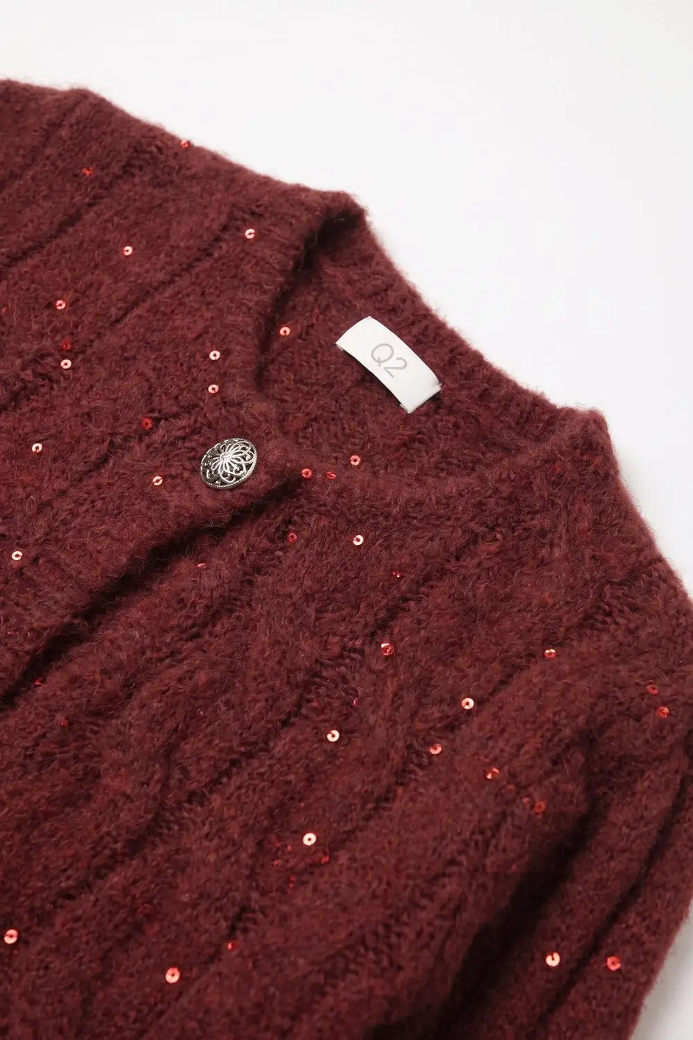 Burgundy Cable Knit Sequin Button Front Cropped Cardigan