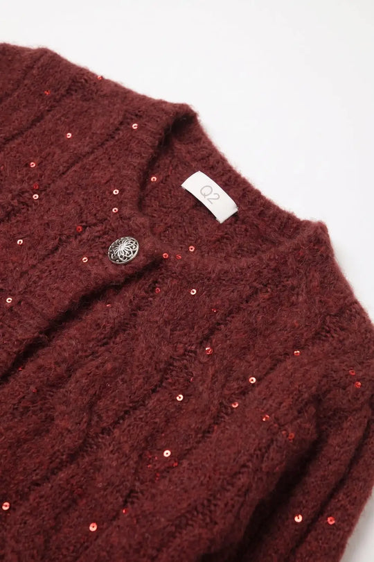 Burgundy Cable Knit Sequin Button Front Cropped Cardigan
