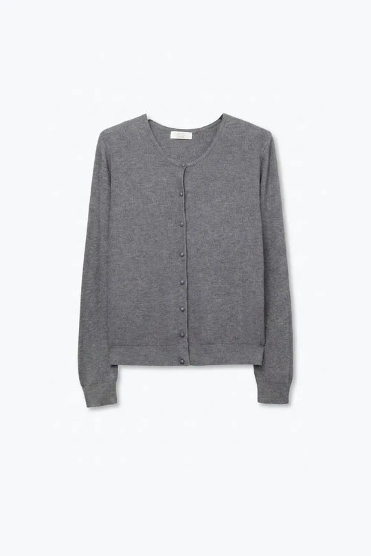 Grey Ribbed Knit Button Front Crew Neck Cardigan - GRAY / ONE - Cardigans