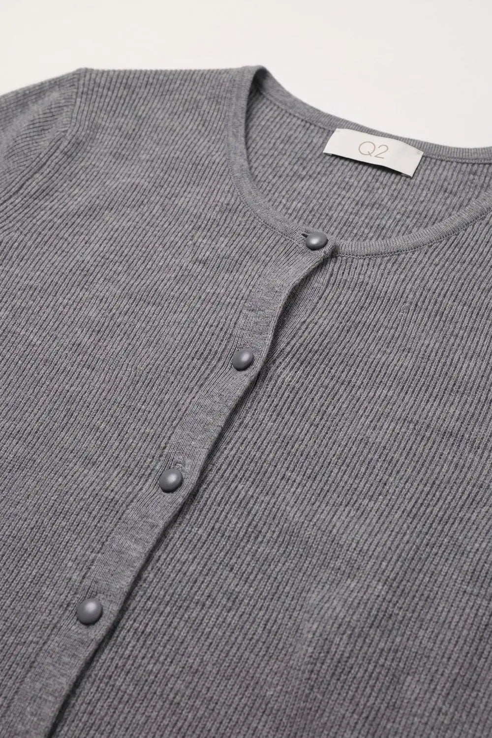 Grey Ribbed Knit Button Front Crew Neck Cardigan - GRAY / ONE - Cardigans