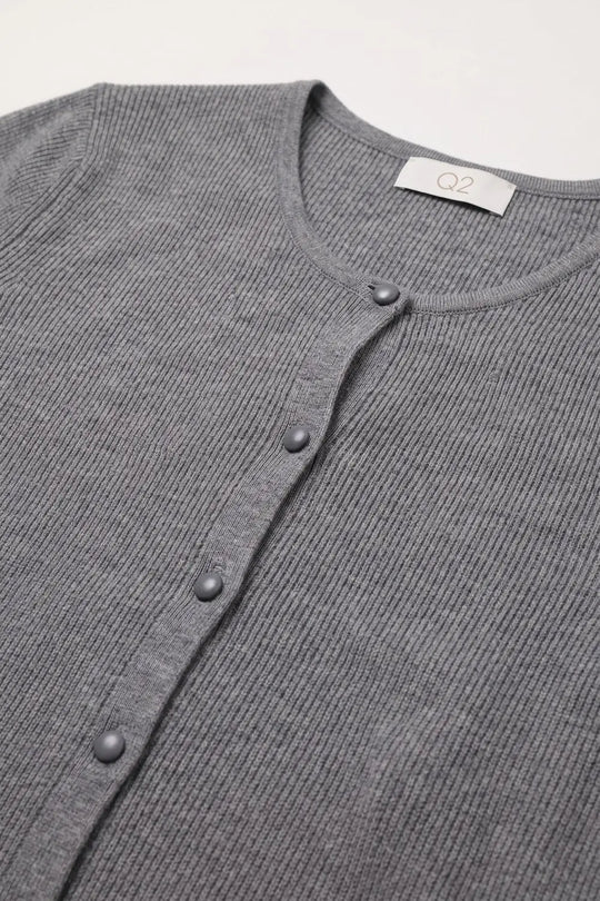 Grey Ribbed Knit Button Front Crew Neck Cardigan - GRAY / ONE - Cardigans