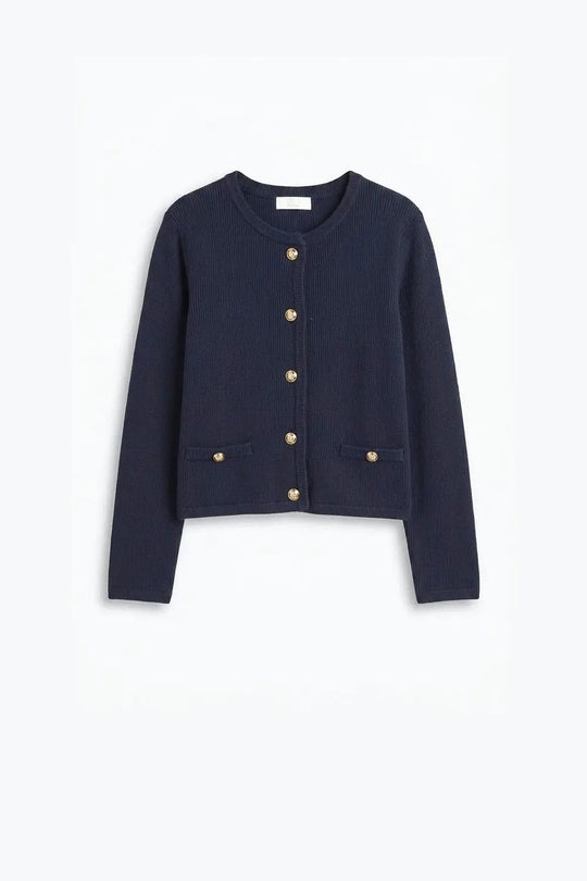 Navy Fine Knit Gold Button Cropped Cardigan Sweater - NAVY / ONE - Cardigans