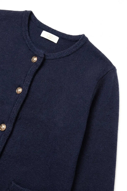 Navy Fine Knit Gold Button Cropped Cardigan Sweater - NAVY / ONE - Cardigans