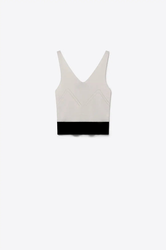 White Ribbed Knit Contrast Hem V-Neck Cropped Tank Top - WHITE / ONE - Tops