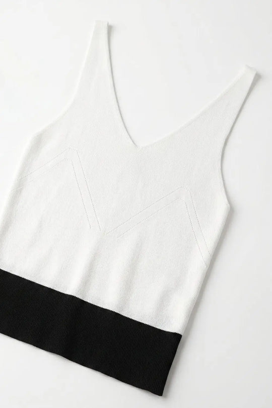 White Ribbed Knit Contrast Hem V-Neck Cropped Tank Top - WHITE / ONE - Tops