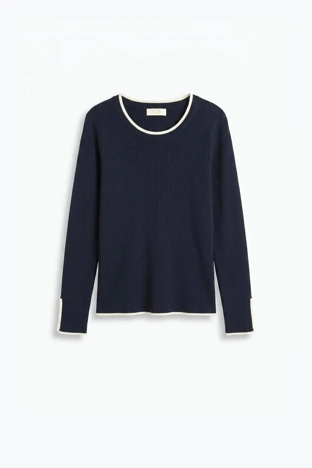 navy Ribbed Knit white Contrast Trim sweater in wide neck - NAVY / ONE - Sweaters