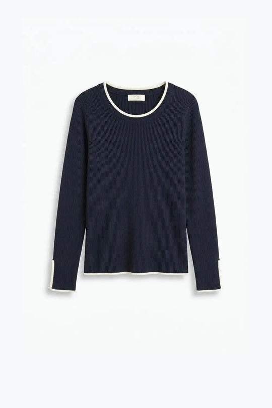 navy Ribbed Knit white Contrast Trim sweater in wide neck - NAVY / ONE - Sweaters