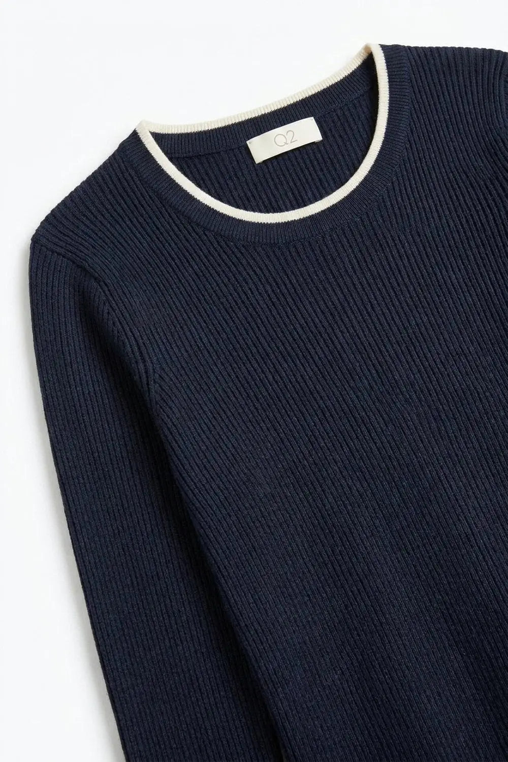 navy Ribbed Knit white Contrast Trim sweater in wide neck - NAVY / ONE - Sweaters