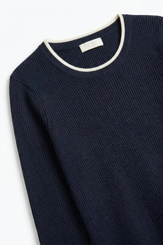 navy Ribbed Knit white Contrast Trim sweater in wide neck - NAVY / ONE - Sweaters
