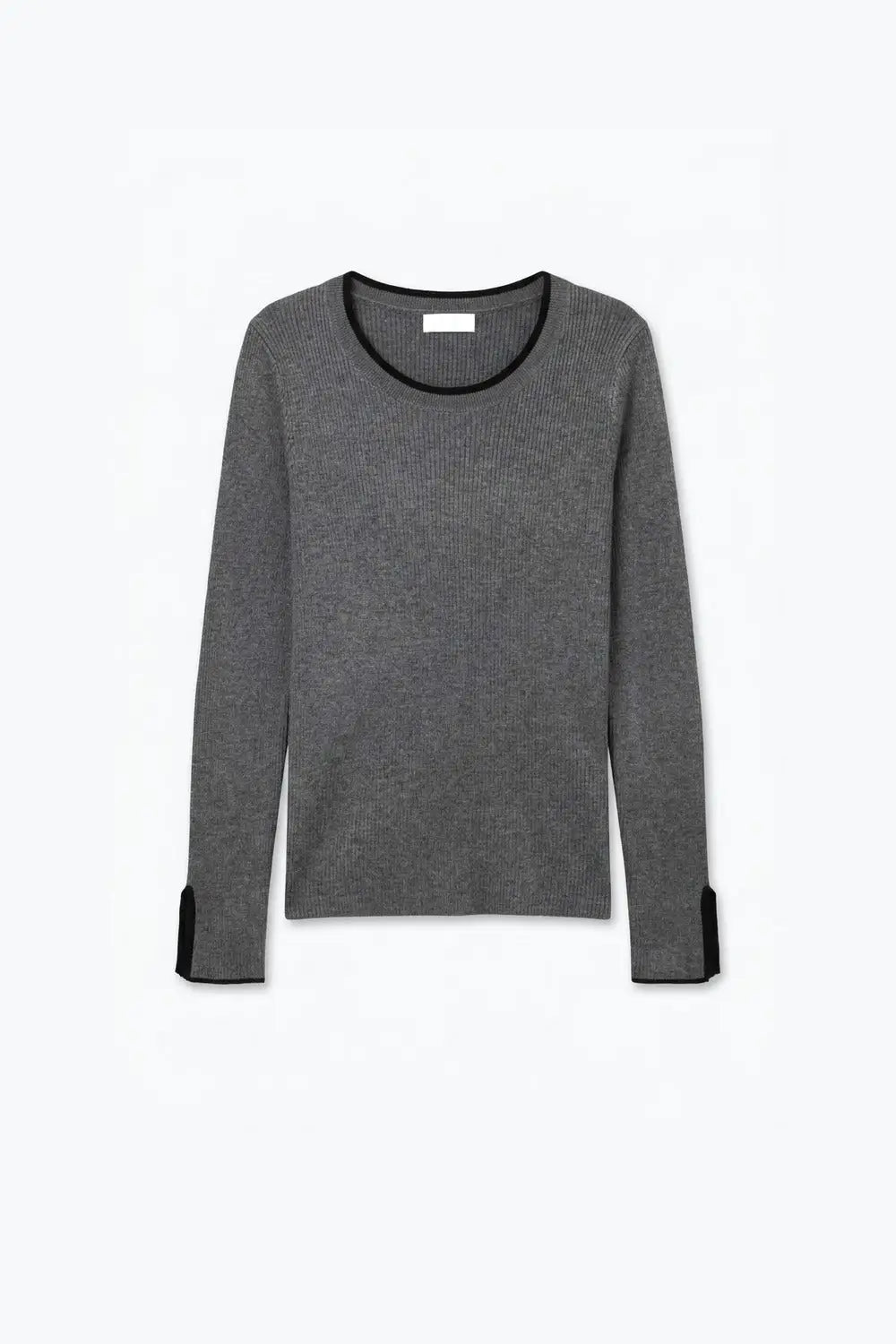Grey Ribbed Knit Black Contrast Trim sweater in wide neck - GRAY / ONE - Sweaters