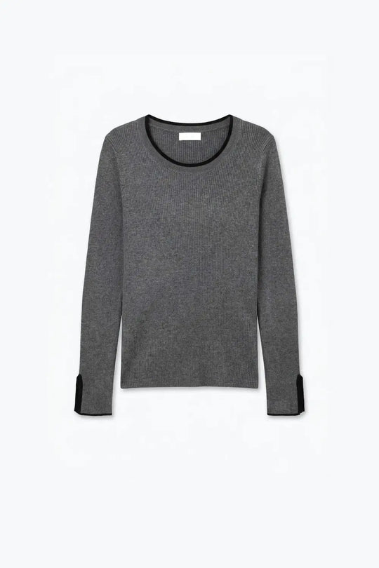 Grey Ribbed Knit Black Contrast Trim sweater in wide neck - GRAY / ONE - Sweaters
