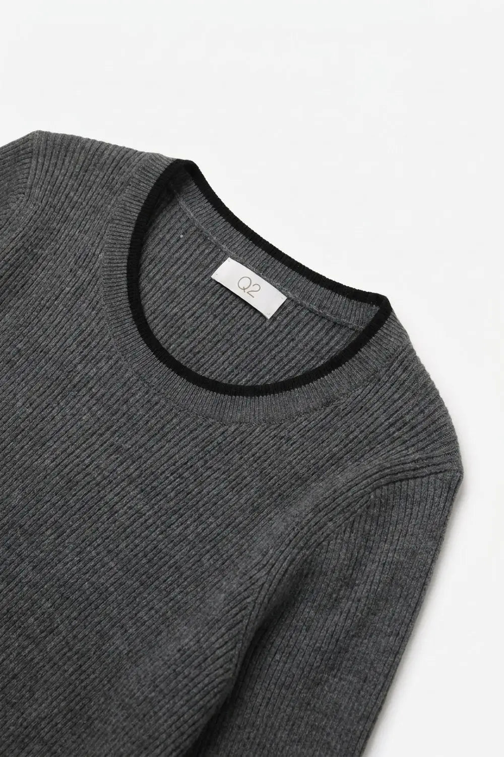 Grey Ribbed Knit Black Contrast Trim sweater in wide neck - GRAY / ONE - Sweaters