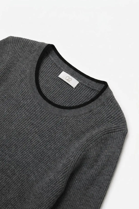 Grey Ribbed Knit Black Contrast Trim sweater in wide neck - GRAY / ONE - Sweaters