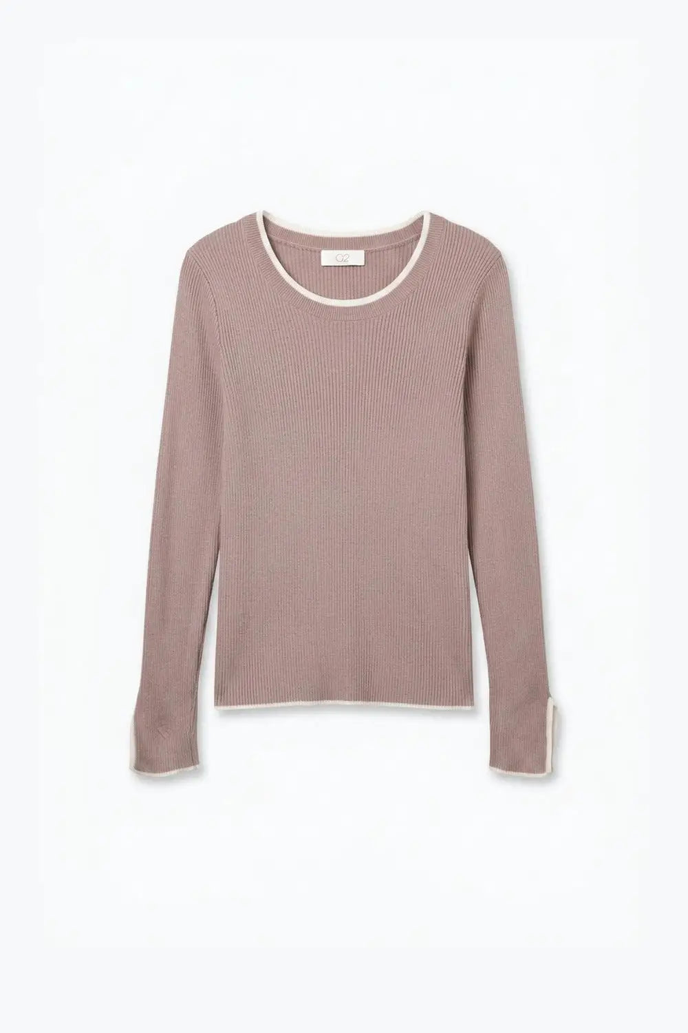 pink Ribbed Knit white Contrast Trim sweater in wide neck - PINK / ONE - Sweaters