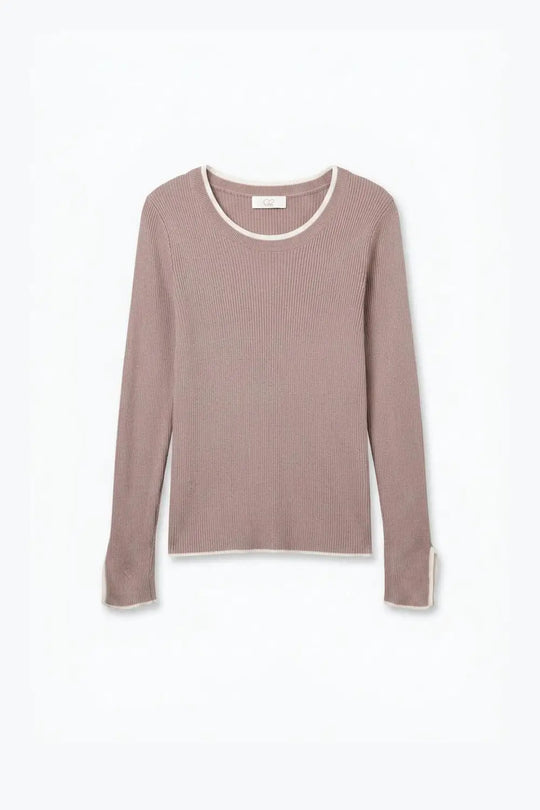 pink Ribbed Knit white Contrast Trim sweater in wide neck - PINK / ONE - Sweaters