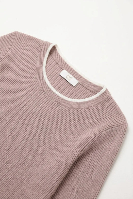 pink Ribbed Knit white Contrast Trim sweater in wide neck - PINK / ONE - Sweaters