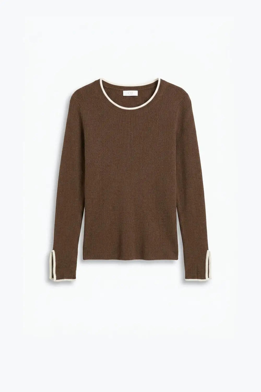Camel Ribbed Knit Contrast Trim Long Sleeve Sweater - CAMEL / ONE - Sweaters
