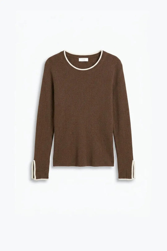 Camel Ribbed Knit Contrast Trim Long Sleeve Sweater - CAMEL / ONE - Sweaters