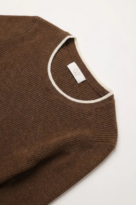 Camel Ribbed Knit Contrast Trim Long Sleeve Sweater - CAMEL / ONE - Sweaters