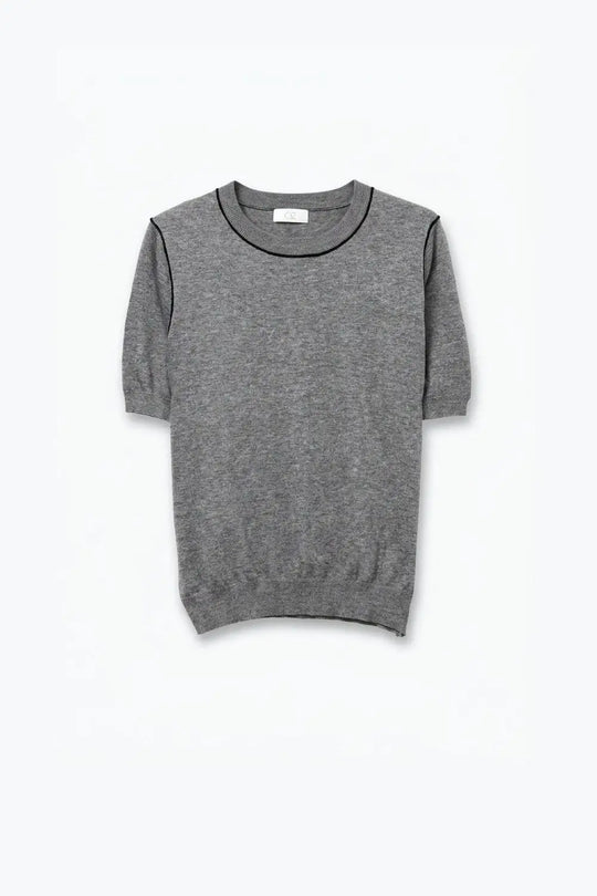 Grey Fine Knit Contrast Seam Crew Neck Short Sleeve sweater - GRAY / ONE - Sweaters